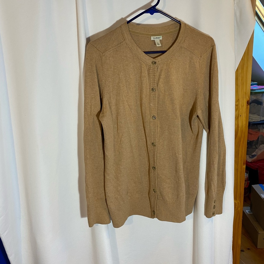 LL Bean Cardigan Sweater, Cotton & Cashmere, tan, size large